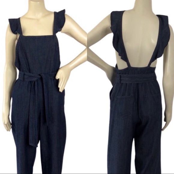 Joie Pants - JOIE Ruffle Sleeve Backless Tie Waist Wide‎ Leg Denim Jumpsuit w/ Pockets Sz 4